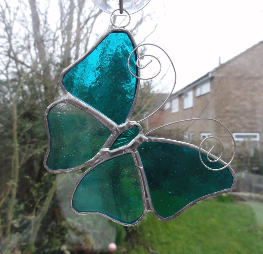 Stained Glass Butterfly Suncatcher - Turquoise  