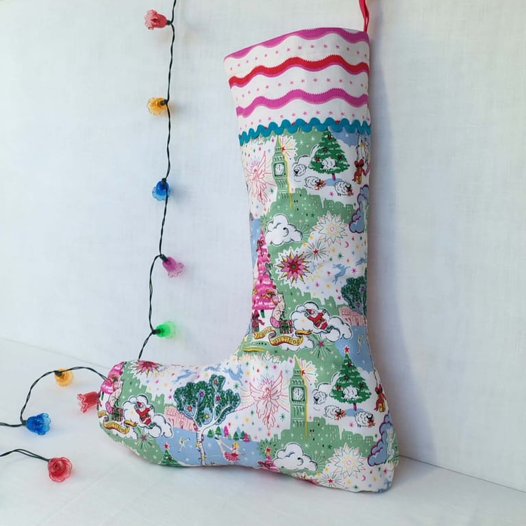 Upcycled Stocking - Christmas Sky with pink tree, angel, skater, Santa