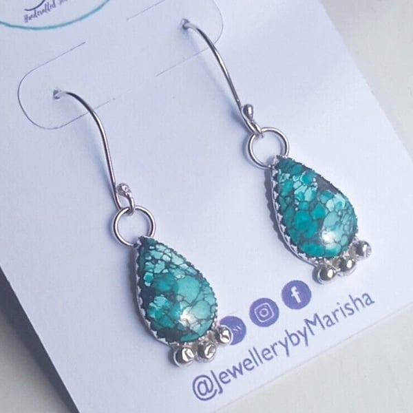 Turquoise Earrings Sterling Silver Jewellery Gift Tibetan Teardrop Gemstone