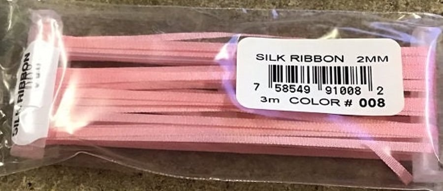 YLI Silk Ribbon - 2mm Wide x 3m Long - Pink Shade 08