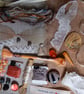 Upcycled slow stitching kit includes fabric, buttons, thread, lace, ribbon - Image 2