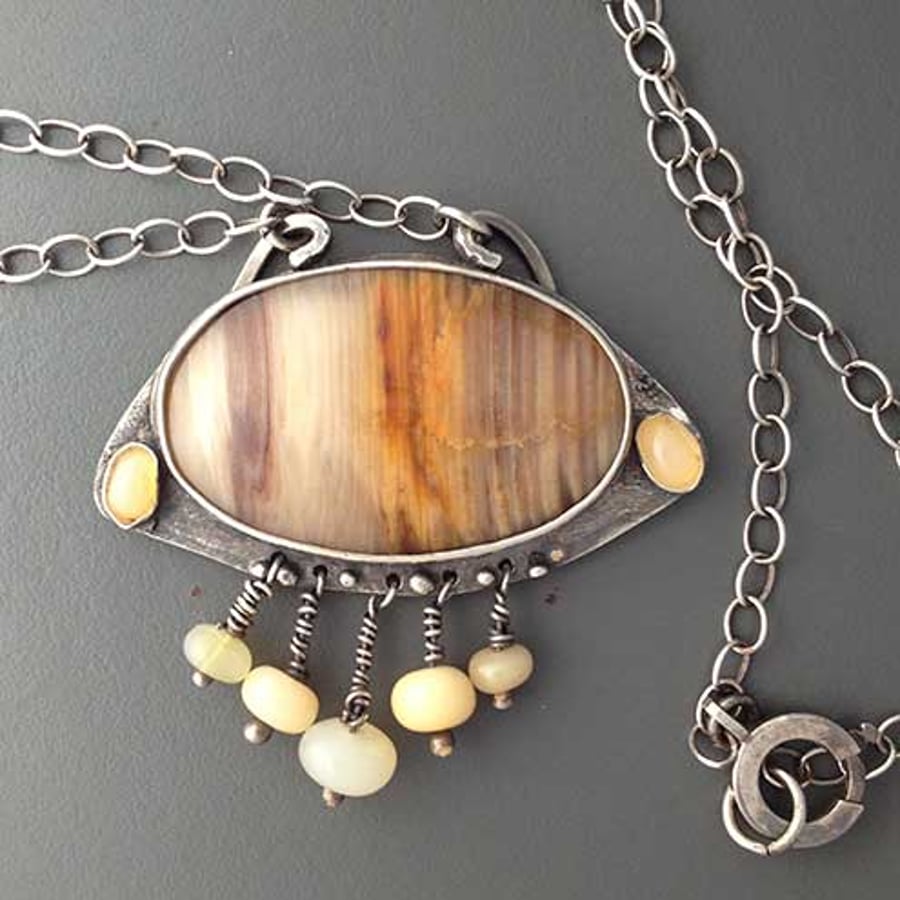 Fossil wood and Opal pendant