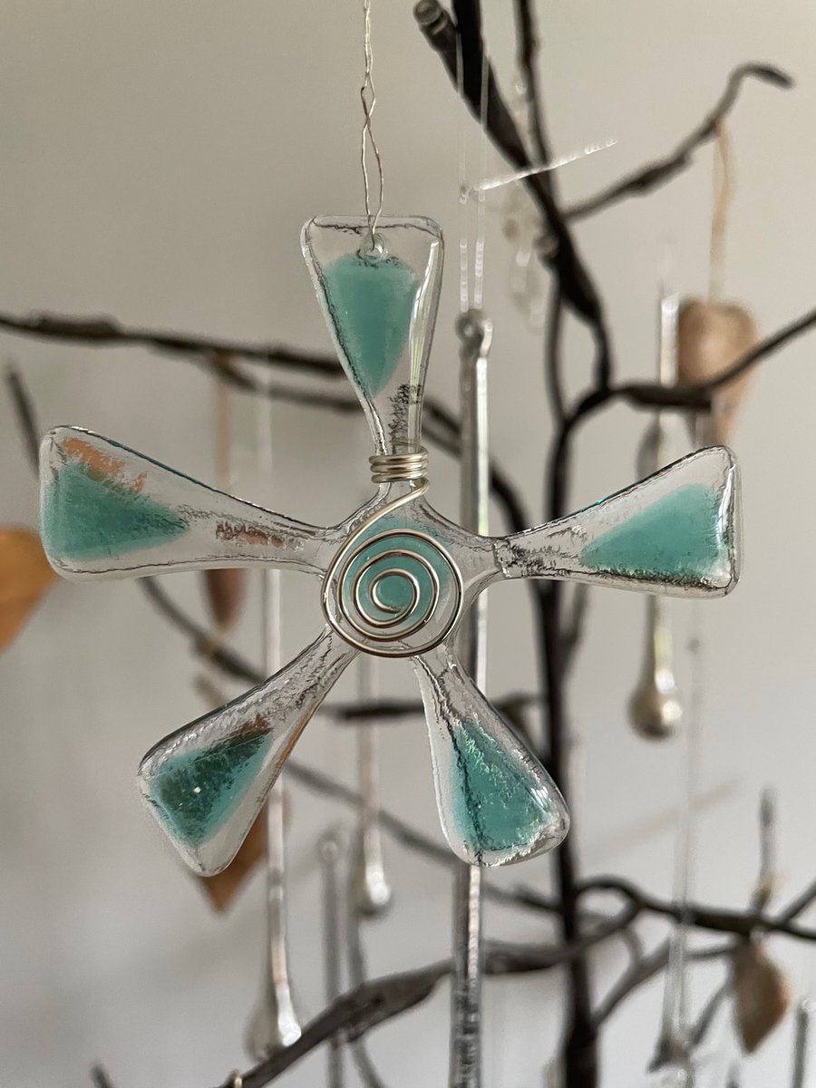A Handmade Fused Glass Turquoise Dichroic Christmas Decoration