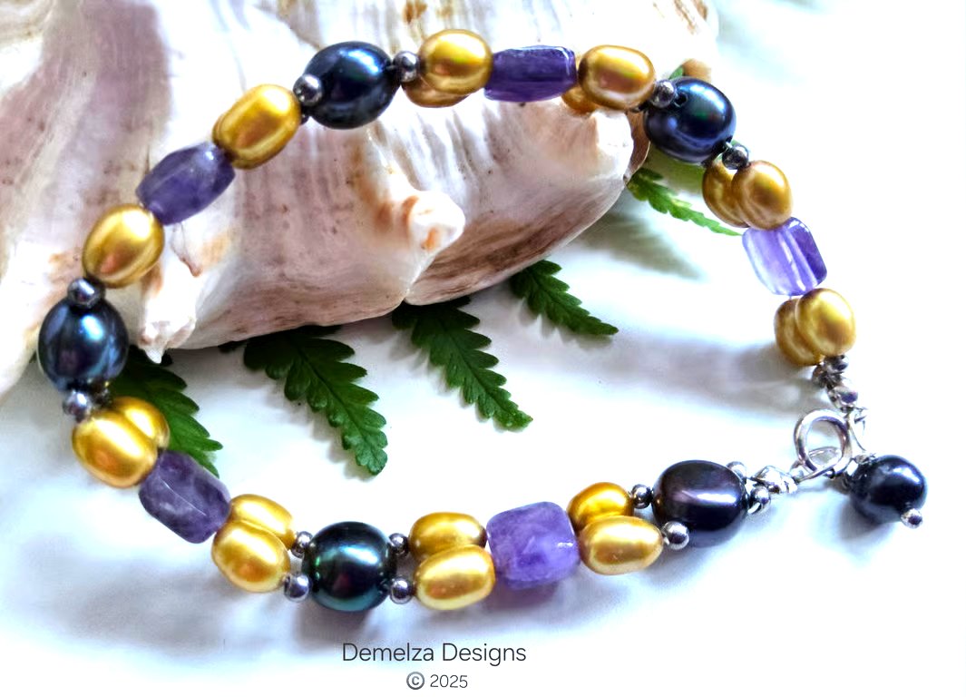 Amethyst,  Freshwater Pearl Sterling Silver Bracelet 