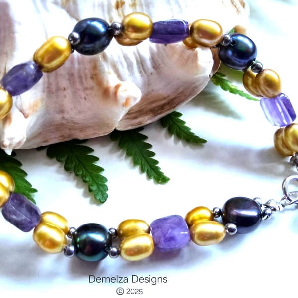 Amethyst,  Freshwater Pearl Sterling Silver Bracelet 