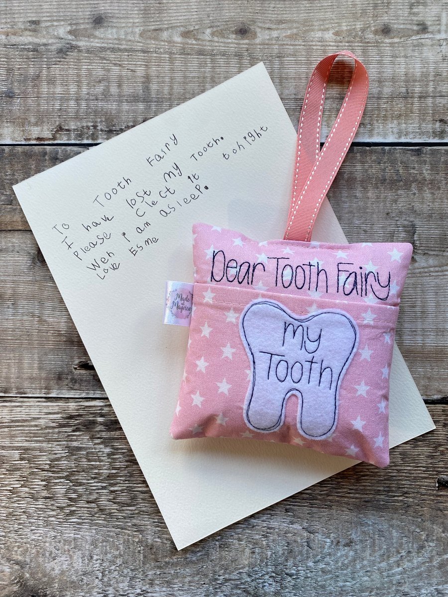 Tooth Fairy Pillow Cushion Pink White Stars