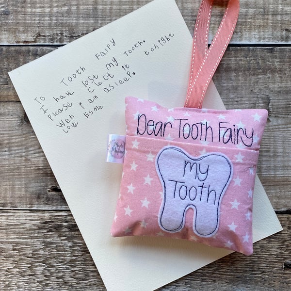 Tooth Fairy Pillow Cushion Pink White Stars