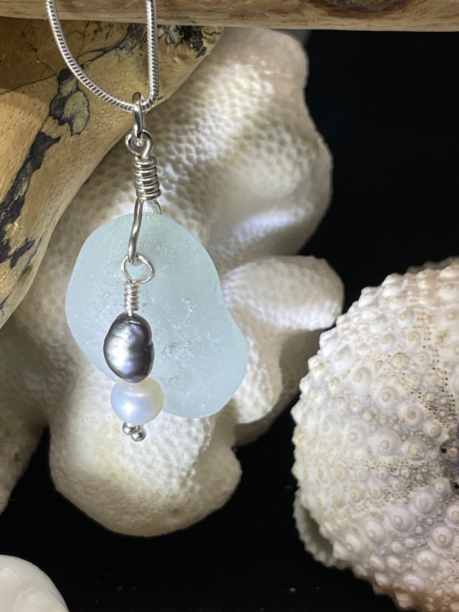 Sea Glass & Sterling Silver Necklace with Freshwater Pearls 