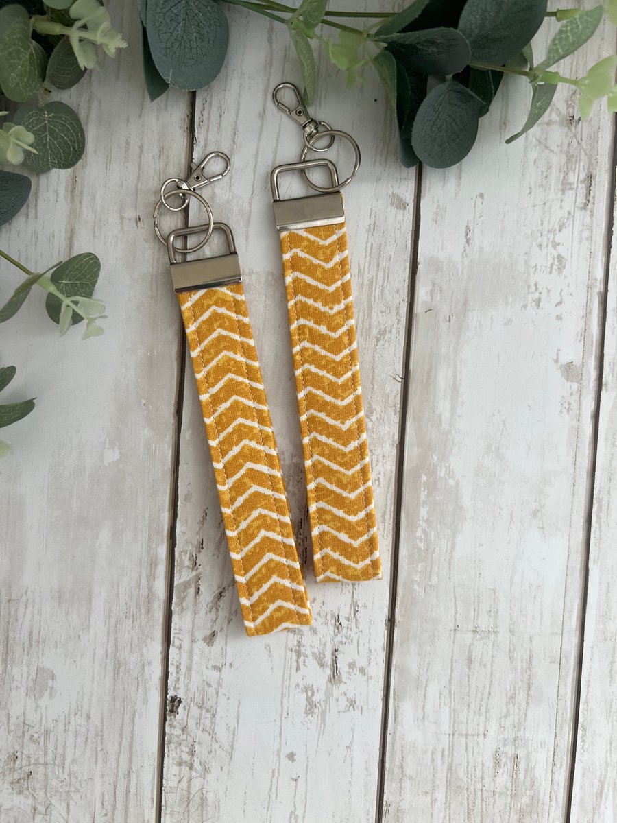 Key Fob Wristlet Set  in Mustard Yellow & White Chevron Fabric, Bag Strap