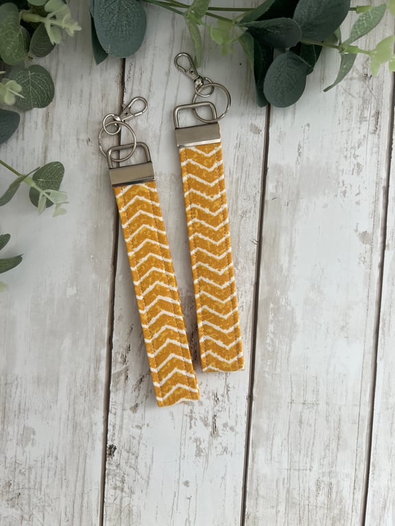 Key Fob Wristlet Set  in Mustard Yellow & White Chevron Fabric, Bag Strap