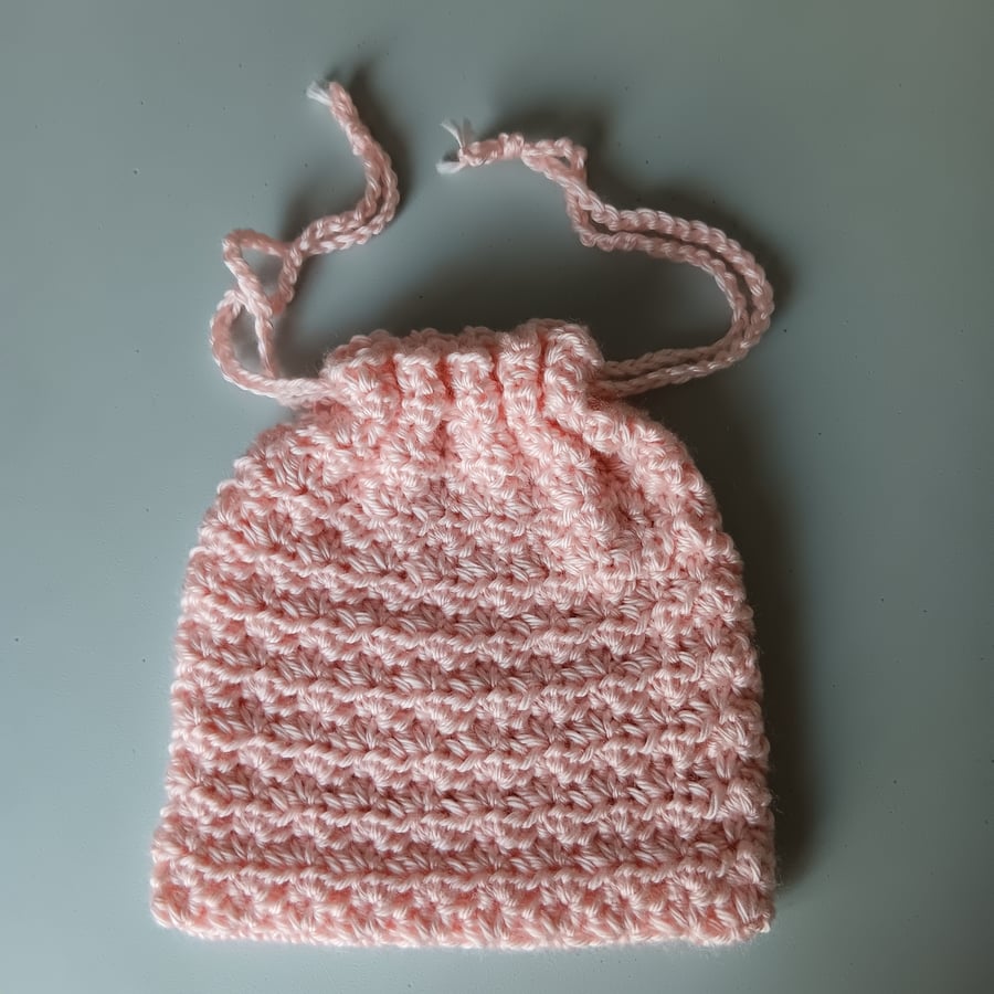 Crochet Drawstring Bag (Satin Pink) - pretty and practical!