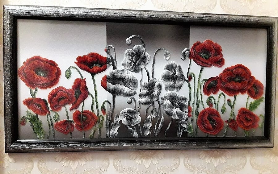Red Black And White Poppy Painting In Black Frame