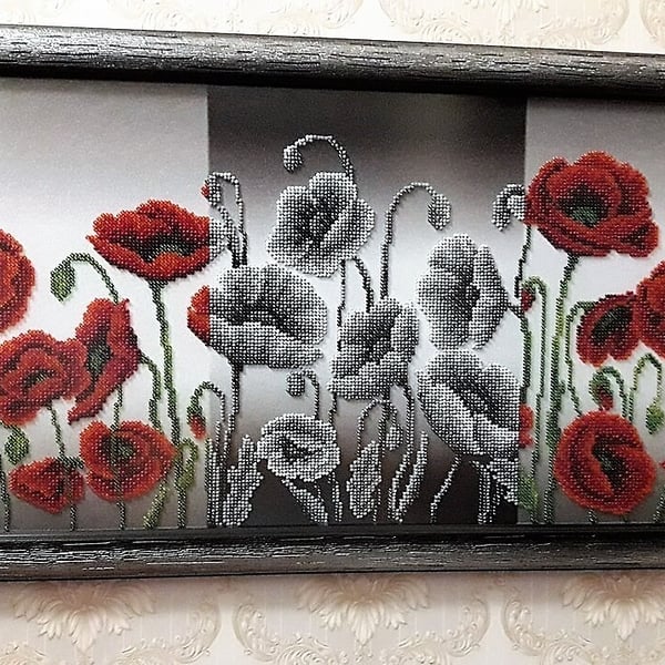 Red Black And White Poppy Painting In Black Frame
