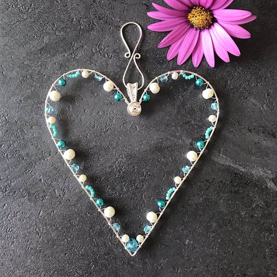 Turquoise and Blue, Silver Heart Decoration