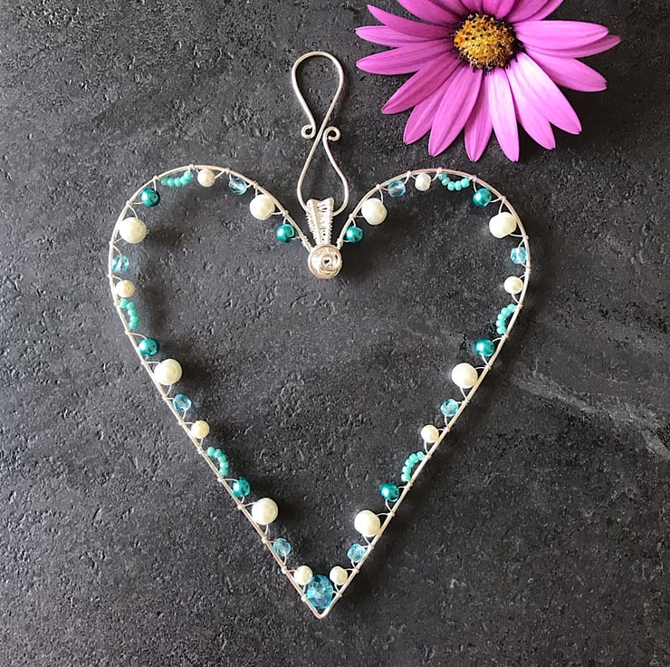 Turquoise and Blue, Silver Heart Decoration - Folksy