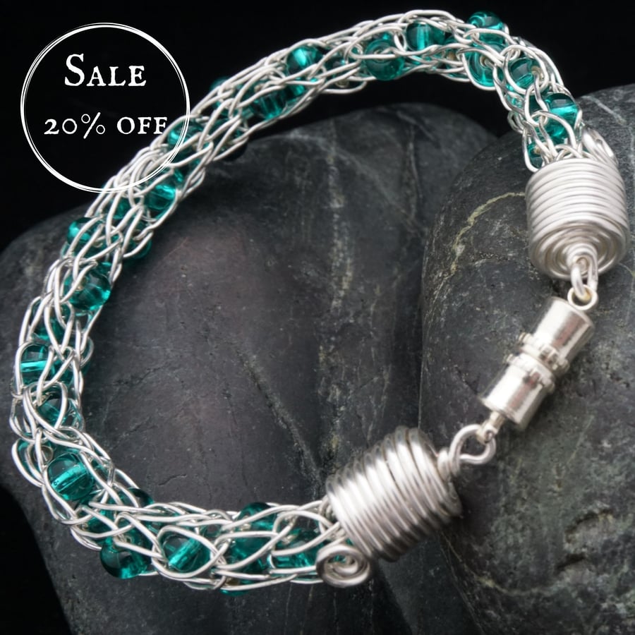 SALE - Silver Viking Knit Bracelet with Turquoise Beads