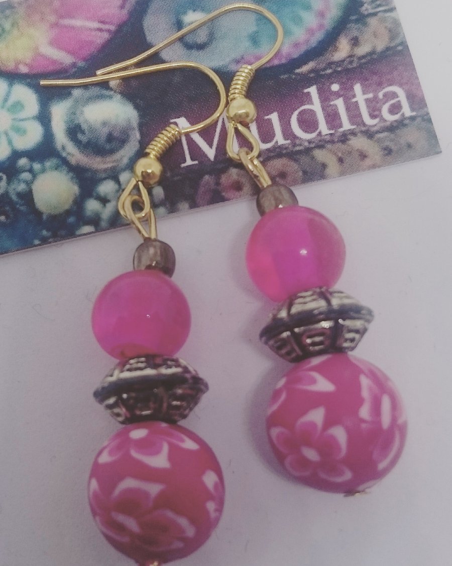  Dangly Sterling Silver Earrings with Pink Glass and Polymer Clay Beads