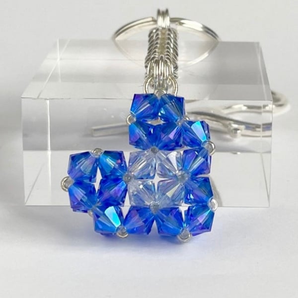 Crystal Clear AB and Blue Heart Handbag Charm, with a Chainmaille Chain, Keyring