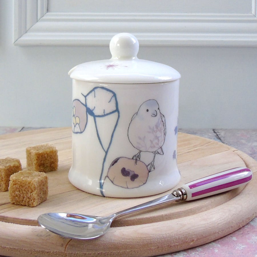 Bone china jam pot or sugar bowl - chaffinch design