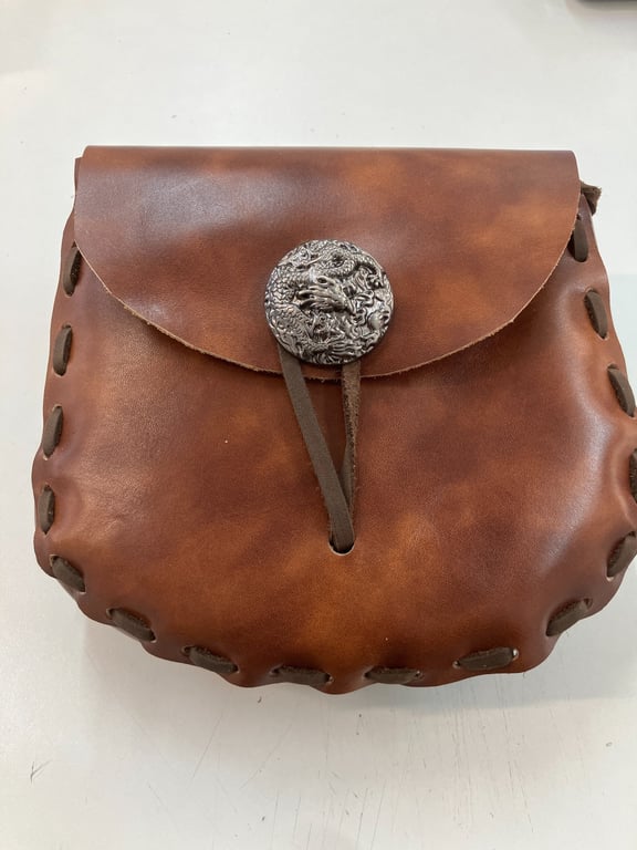 Medieval - Renaissance Style Brown Leather Pouch with Chinese Dragon button 
