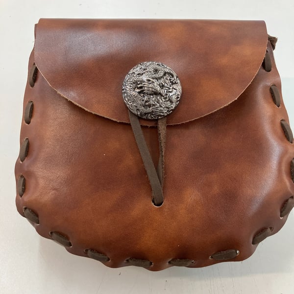Medieval - Renaissance Style Brown Leather Pouch with Chinese Dragon button 