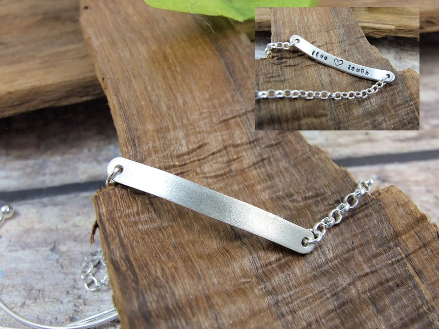 Sterling Silver Bar Bracelet with Hidden Love Love Laugh Message. Adjustable