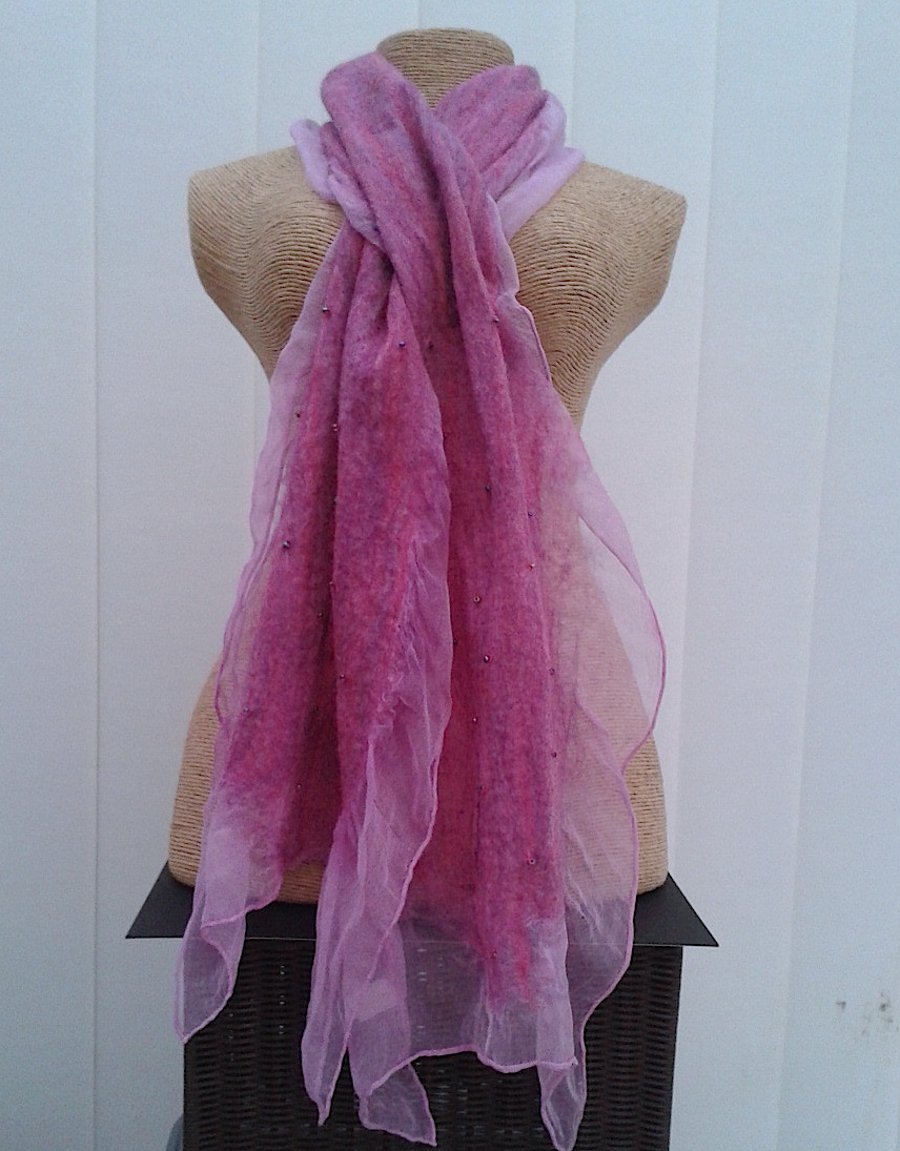 Pink nuno felted, beaded scarf, wool on silk