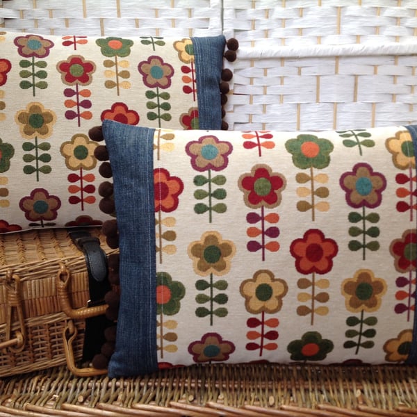 Retro flowers bolster cushion, recycled denim and tapestry fabric