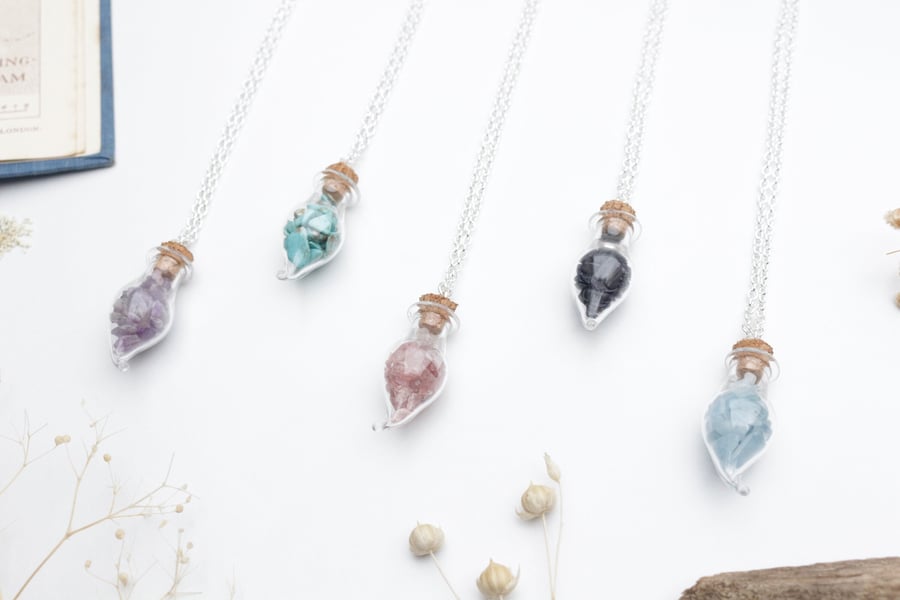 Gemstone Crystal Bottle Necklaces - Spell Bottle. Wishing Bottle.