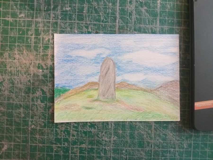 Coloured pencil original art. A6 landscape standing stone. Naive illustration 