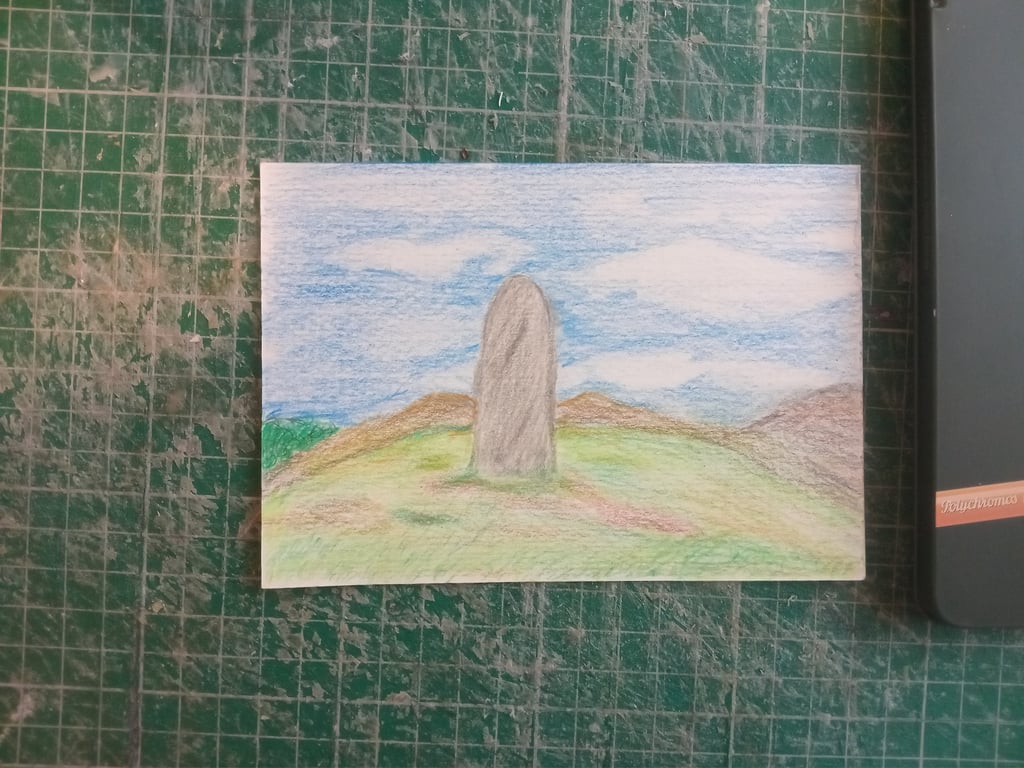 Coloured pencil original art. A6 landscape standing stone. Naive illustration 