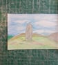 Coloured pencil original art. A6 landscape standing stone. Naive illustration 