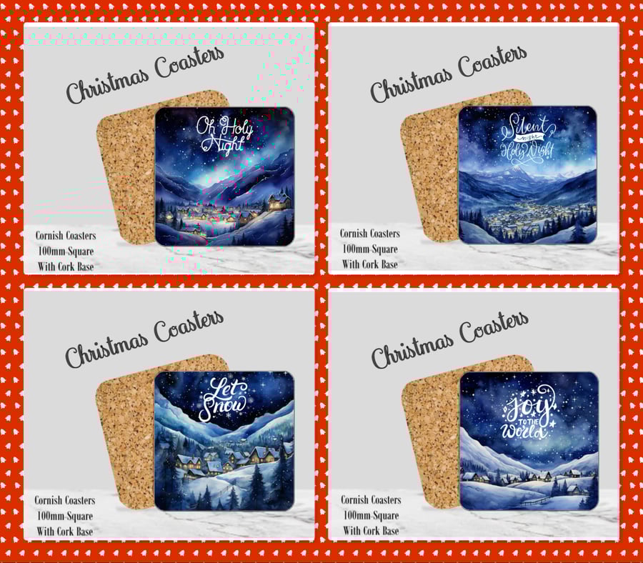 Set of 4 Winter Christmas Coasters  100mm (4" ) Square With Cork Base. Design 6