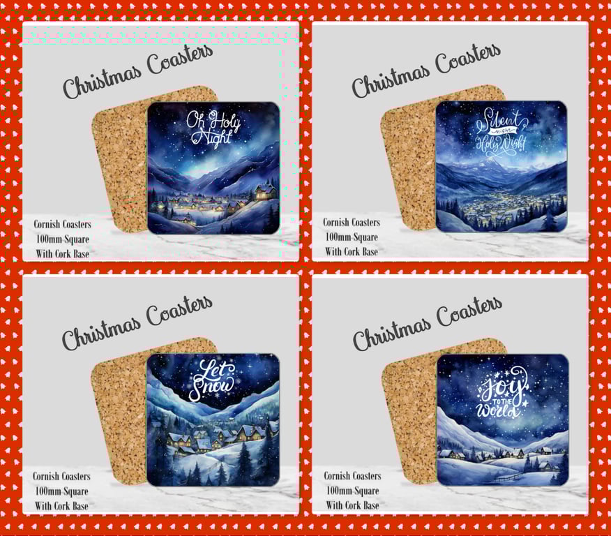 Set of 4 Winter Christmas Coasters  100mm (4" ) Square With Cork Base. Design 6