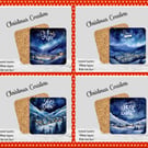 Set of 4 Winter Christmas Coasters  100mm (4" ) Square With Cork Base. Design 6