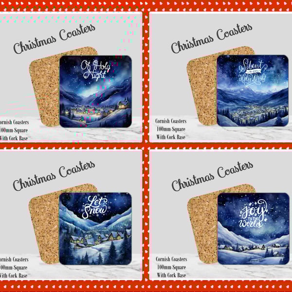 Set of 4 Winter Christmas Coasters  100mm (4" ) Square With Cork Base. Design 6