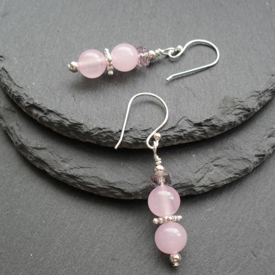 Pink Quartzite Drop Earrings Silver Plate