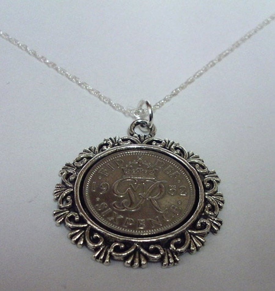 Ornate Pendant 1952 Lucky sixpence 69th Birthday plus a Sterling Silver 18in Cha