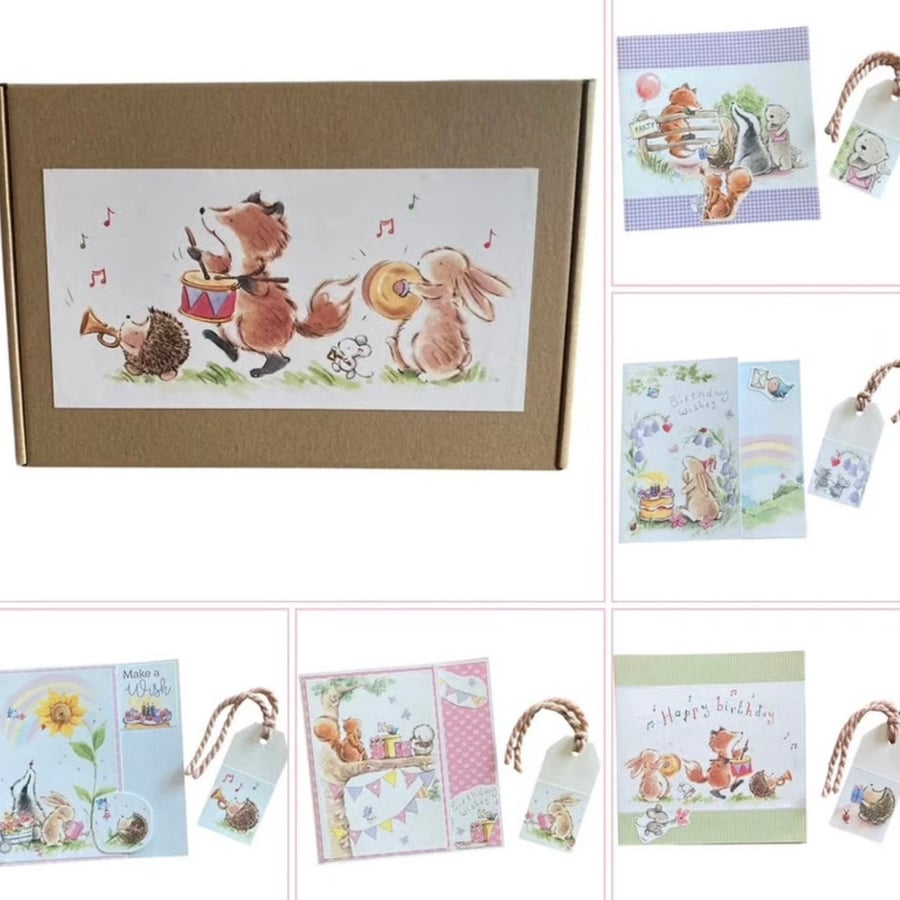 5 Children’s Birthday Card Set. Boxed Woodland Animal Cards with Gift Tags. 