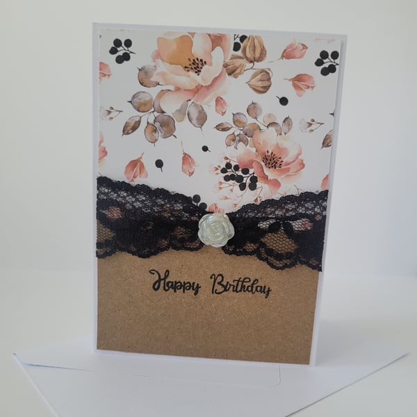 Handmade Elegant, Floral, Lace Birthday Card