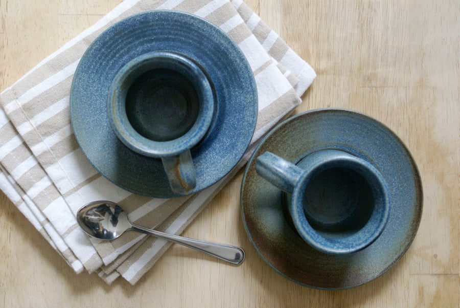 Pottery espresso cups and saucers - a handmade set of two in smokey blue