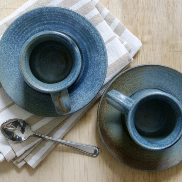 Pottery espresso cups and saucers - a handmade set of two in smokey blue