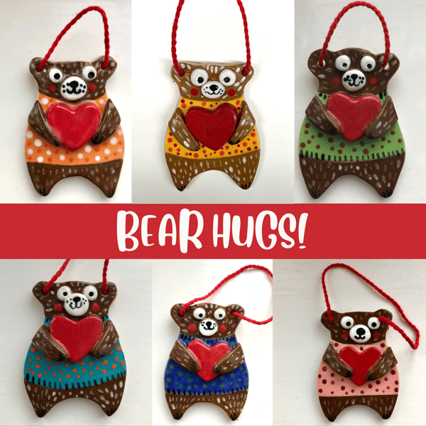 BEAR HUGS-HANGING HANDMADE CERAMIC BEARS