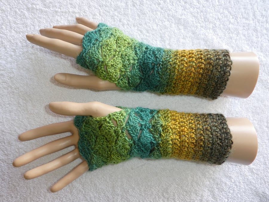 Crochet Fingerless Gloves Wrist Warmers in Double Knit Yarn Green and Gold No 2