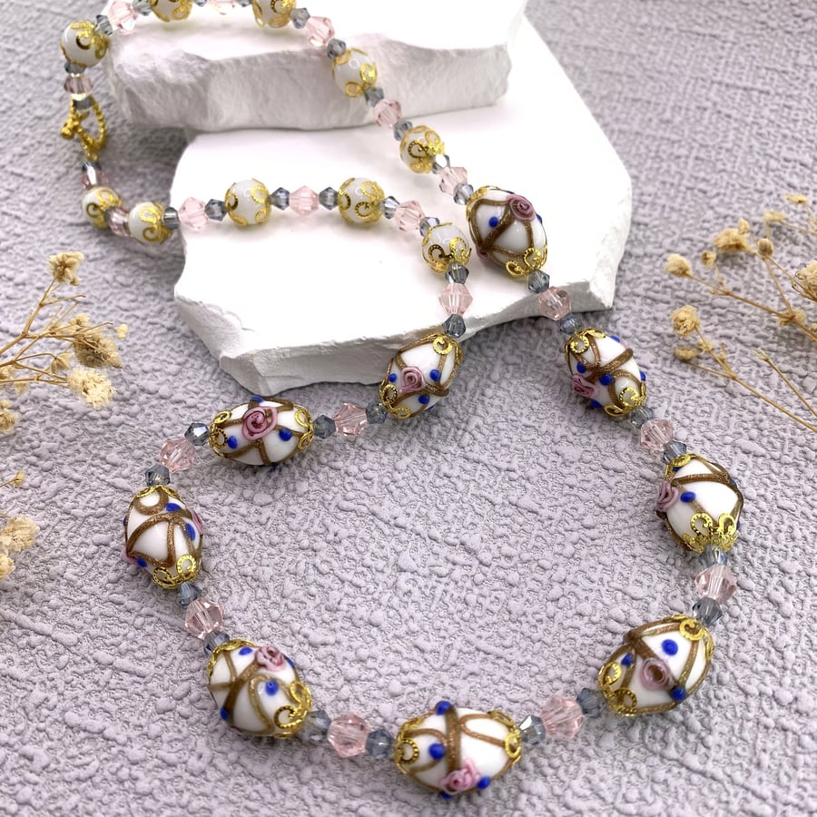 Vintage Style White Wedding Cake Bead and Gold Necklace 