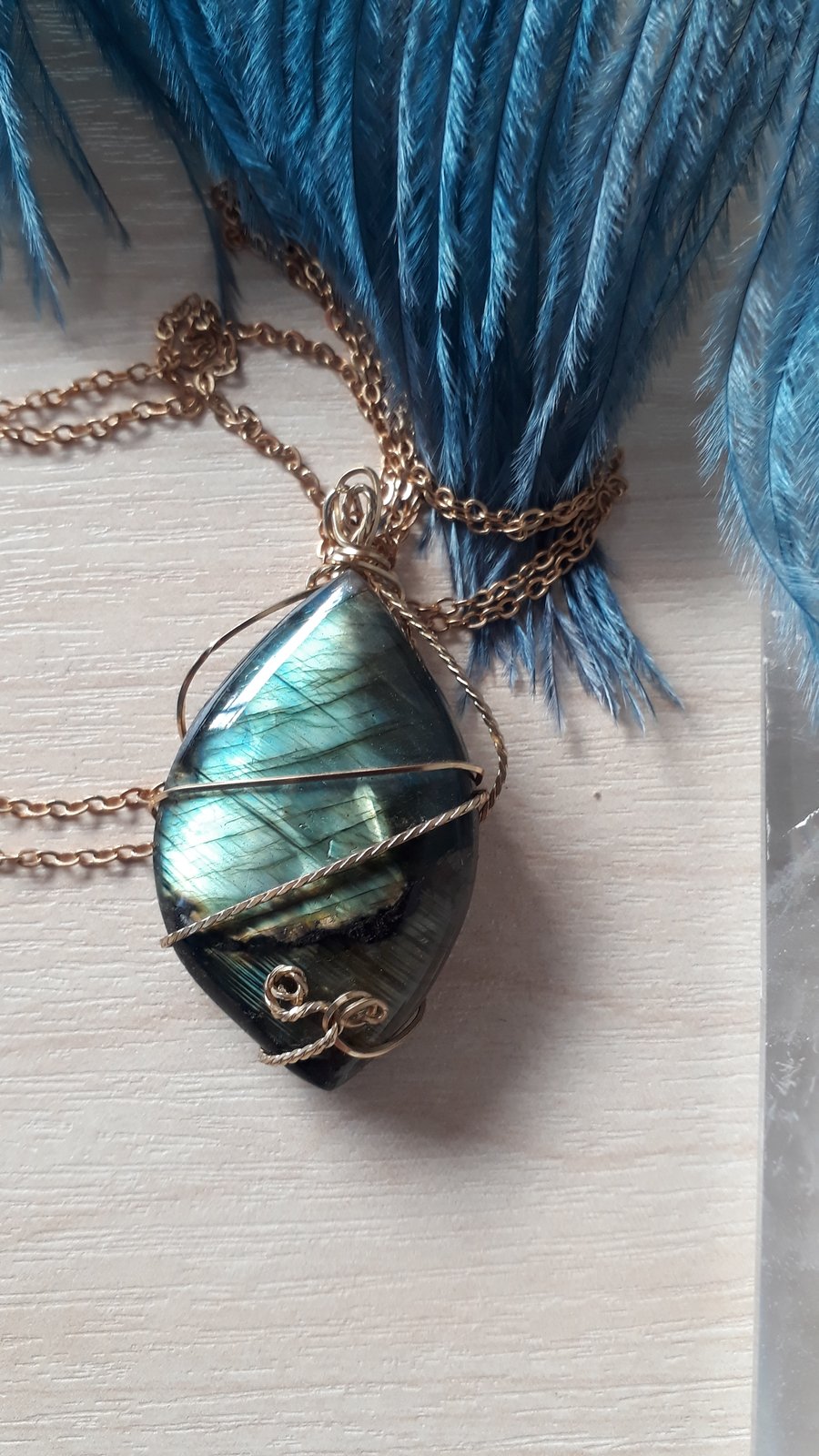 Green & Gold Flashing Labradorite Pendant Wire Wrapped in Brass with Necklace