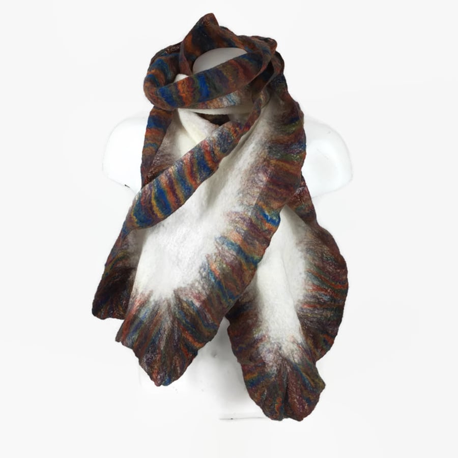 Merino wool scarf, nuno felted white  on silk with multicoloured ruffle border