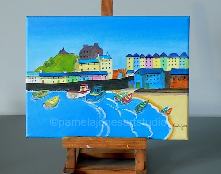 Tenby Harbour, Pembrokeshire, Acrylic Painting on Stretched Canvas 12 x 9 ''