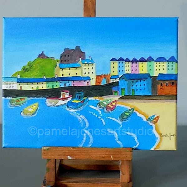 Tenby Harbour, Pembrokeshire, Acrylic Painting on Stretched Canvas 12 x 9 ''