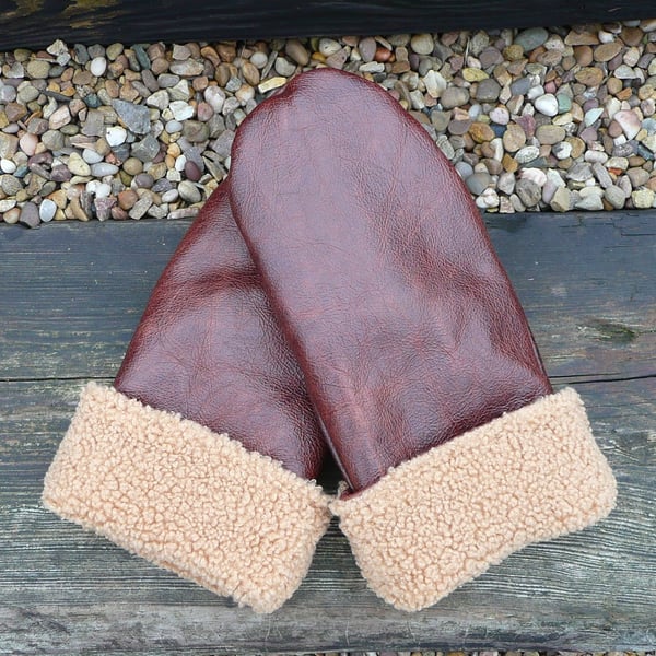Leather gloves ladies leather mittens teddy fleece lined mittens